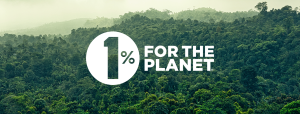 1% For The Planet logo placed over a background of trees