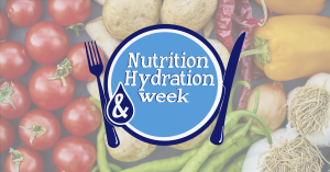 Nutrition and Hydration Week logo on a background of fruit and vegetables